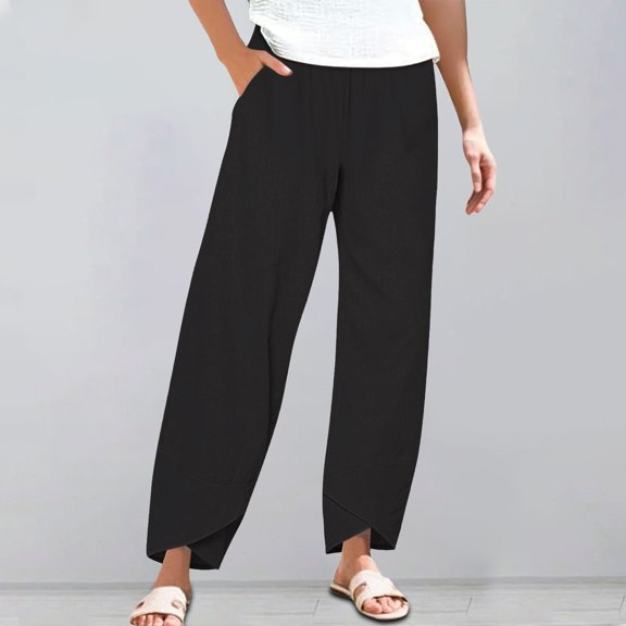 Hontri Palazzo Pants for Women- Women's Linen Wide Leg Pants Casual Loose High Waist Beach Haren Pants Pockets Loose Lounge Pants