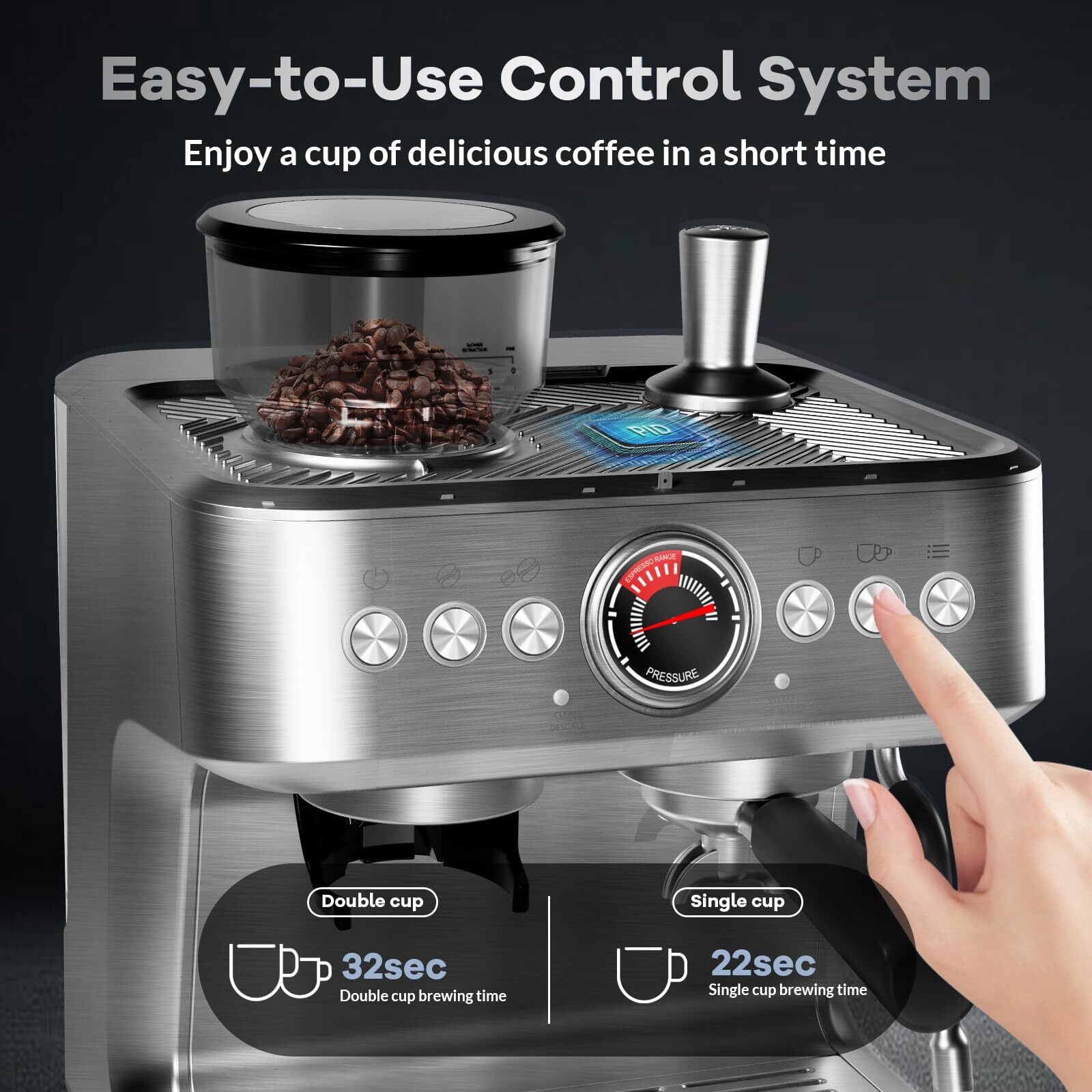 20 Bar Espresso Machine,Professional Coffee Machine with 96 Oz Removable Water Tank for Cappuccino Latte, Espresso Maker with Grinder and Milk Frother Steam Wand,Slivery