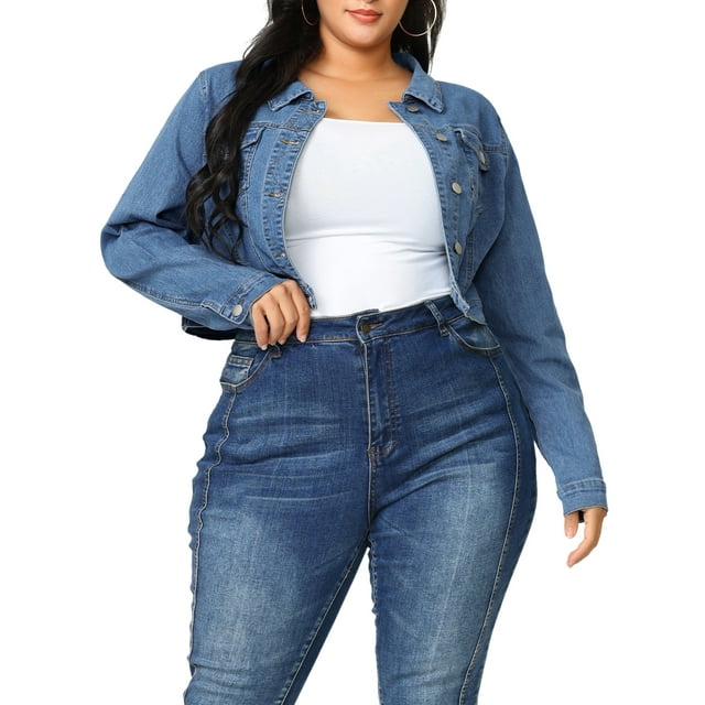 GRACE & GRANDEUR Vestes en Denim Courtes à Boutons pour Femmes Grande Taille Mode 2X Bleu Ciel