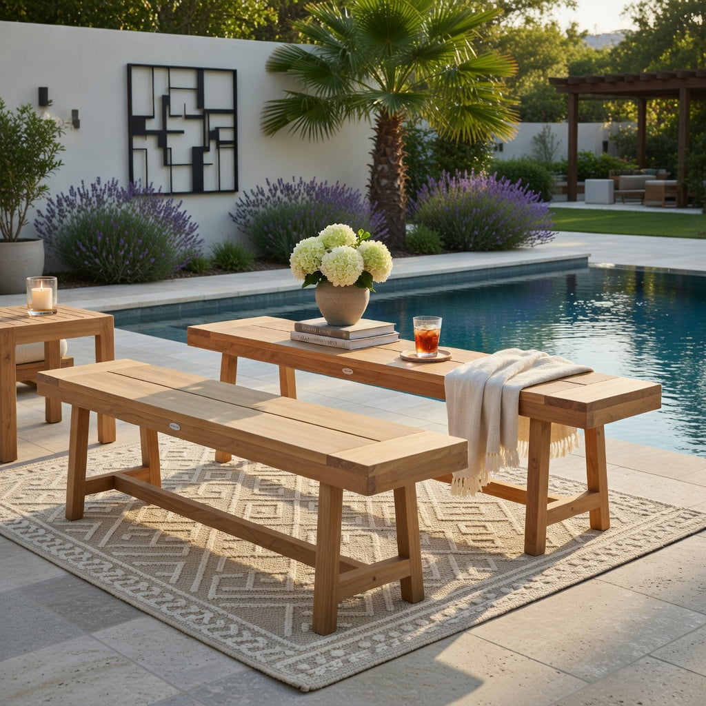 Hommoo 63" Teak Wood Bench, Sturdy Natural Solid Wood Seating for Dining Room, Entryway or Bedroom, Natural