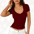 thumbnail image 2 of FAHXNVB Ribbed Short Sleeve Tops for Women V Neck Solid Color T Shirts Low Cut Fitted Casual Summer Basic Tees,S,Wine, 2 of 5