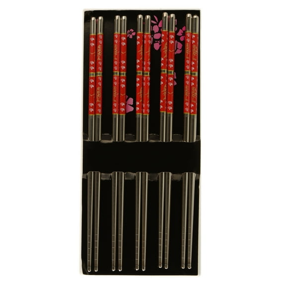 [5 PAIRS] Premium Red Flower Reusable Stainless Steel Chopsticks - Metal Stainless Steel Chopsticks Set - Great for Dinner, Kitchen, Ramen, Dishwasher Safe by EcoQuality (8.8 inches)