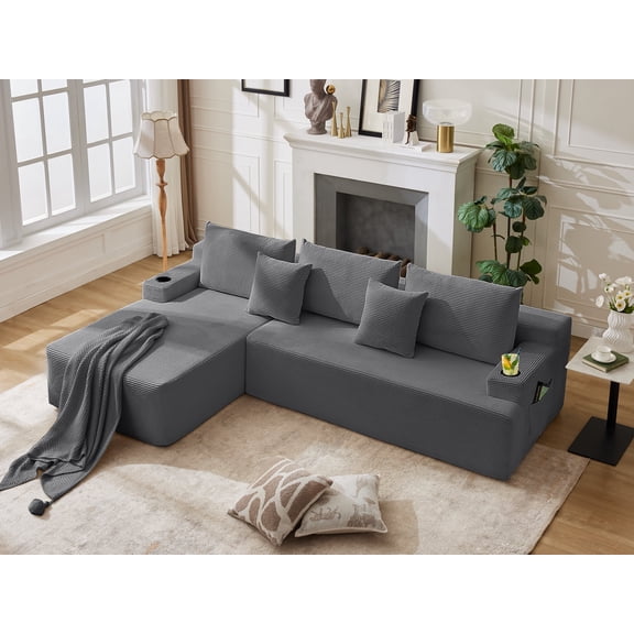 106" Modular L-Shaped Sectional Sofa, Corduroy Cloud Couch Compression Boneless Sofas w/ 5 Throw Pillows for Living Room , No Assembly Required(Left-Facing Chaise, Dark Grey)