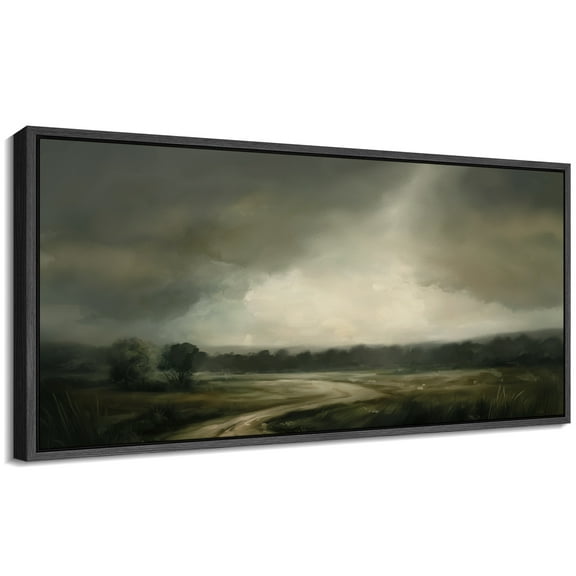 Large Framed Canvas Print Vintage Countryside under Dark Clouds Wall Art Decorative Ready to Hang Painting for Living room Bedroom - 60"x30" Black Frame