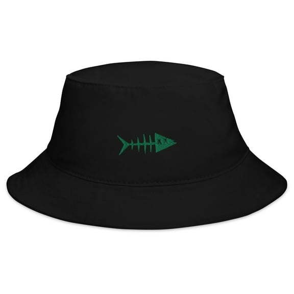 Clishirt Adult Unisex Embroidered Green Fish Cotton Black Bucket Hat