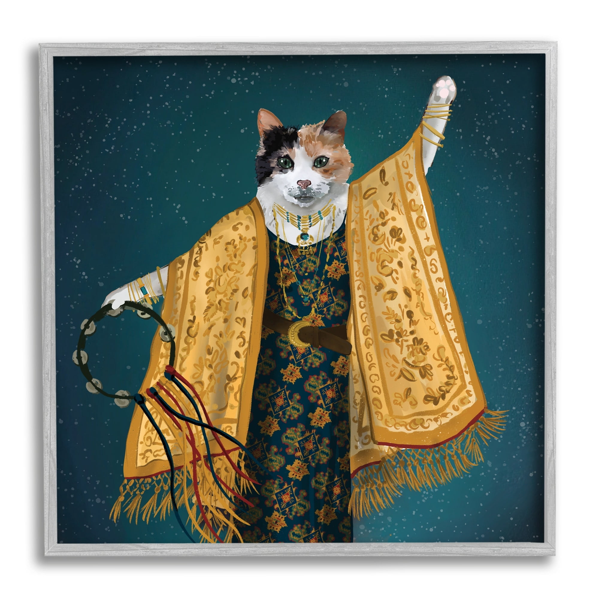 Stupell Industries Fashionable Cat Traditional Patterned Boho Clothing Portrait Graphic Art Gray Framed Art Print Wall Art, Design by House of Rose