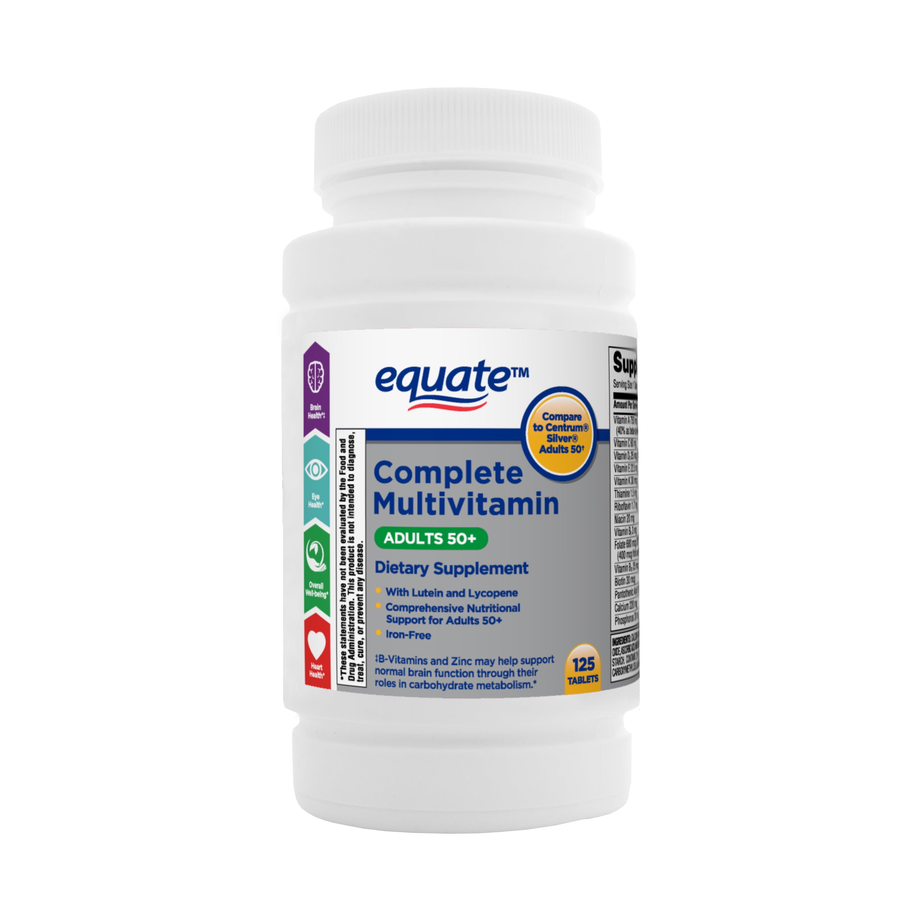 Equate Complete Multivitamin/Multimineral Supplement Tablets, Adults 50+, 125 Count