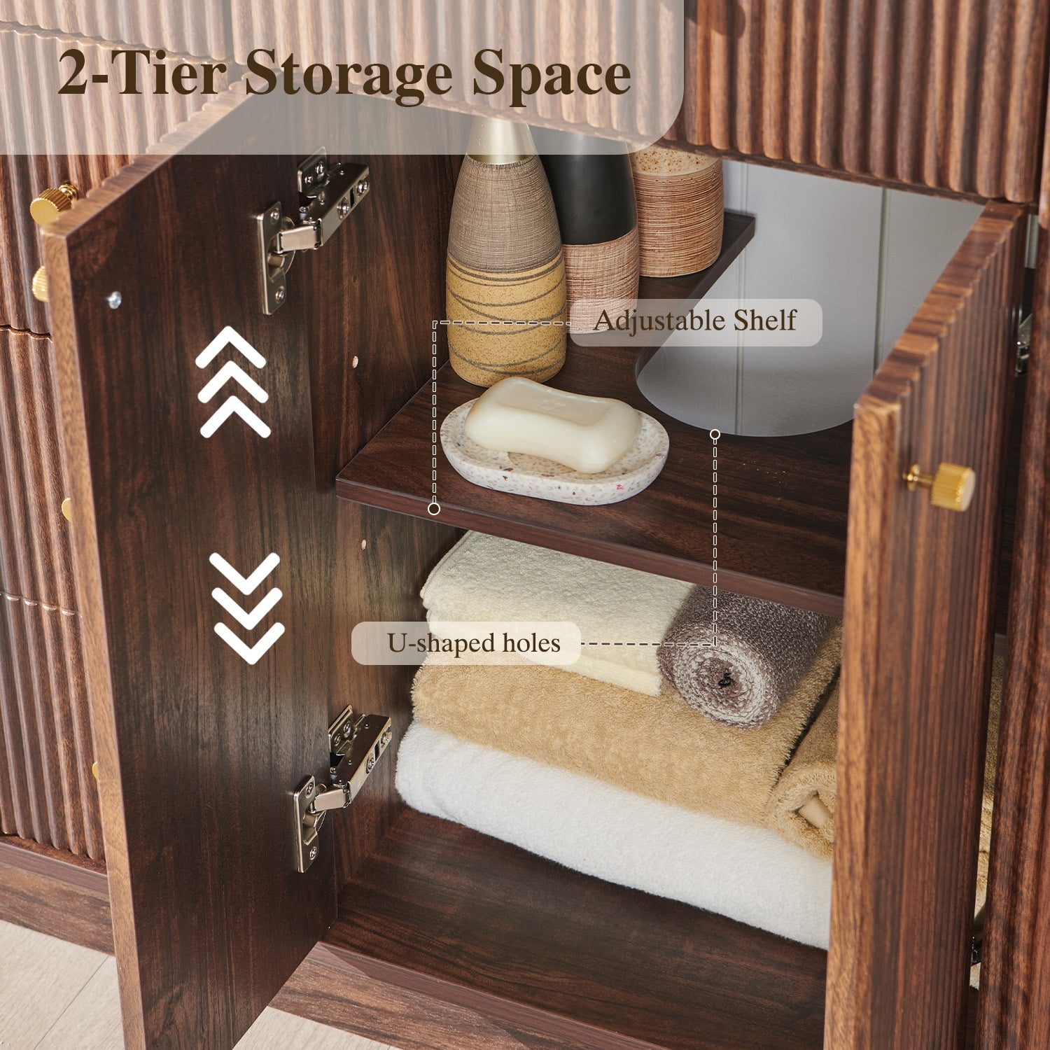 Keywhat 48" Bathroom Vanity with Sink, Modern Fluted Vanity with 2 Drawers & Storage Cabinet, Quick Assembly, Dark Walnut