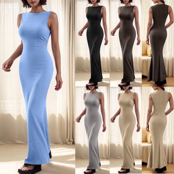 HVOBTTY Womens Comfy Daily A Line Dresses, Summer Dresses for Women, Womens Casual Soft Solid Color Sleeveless Crew Neck Slim Long Maxi Dresses Black, XXL