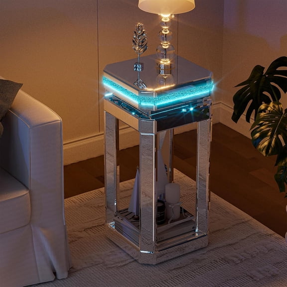 ARICOEASY 24 Inch Tall Mirrored End Table with LED Lights, Bottom Storage Shelf, Crushed Diamond Accents, Silver