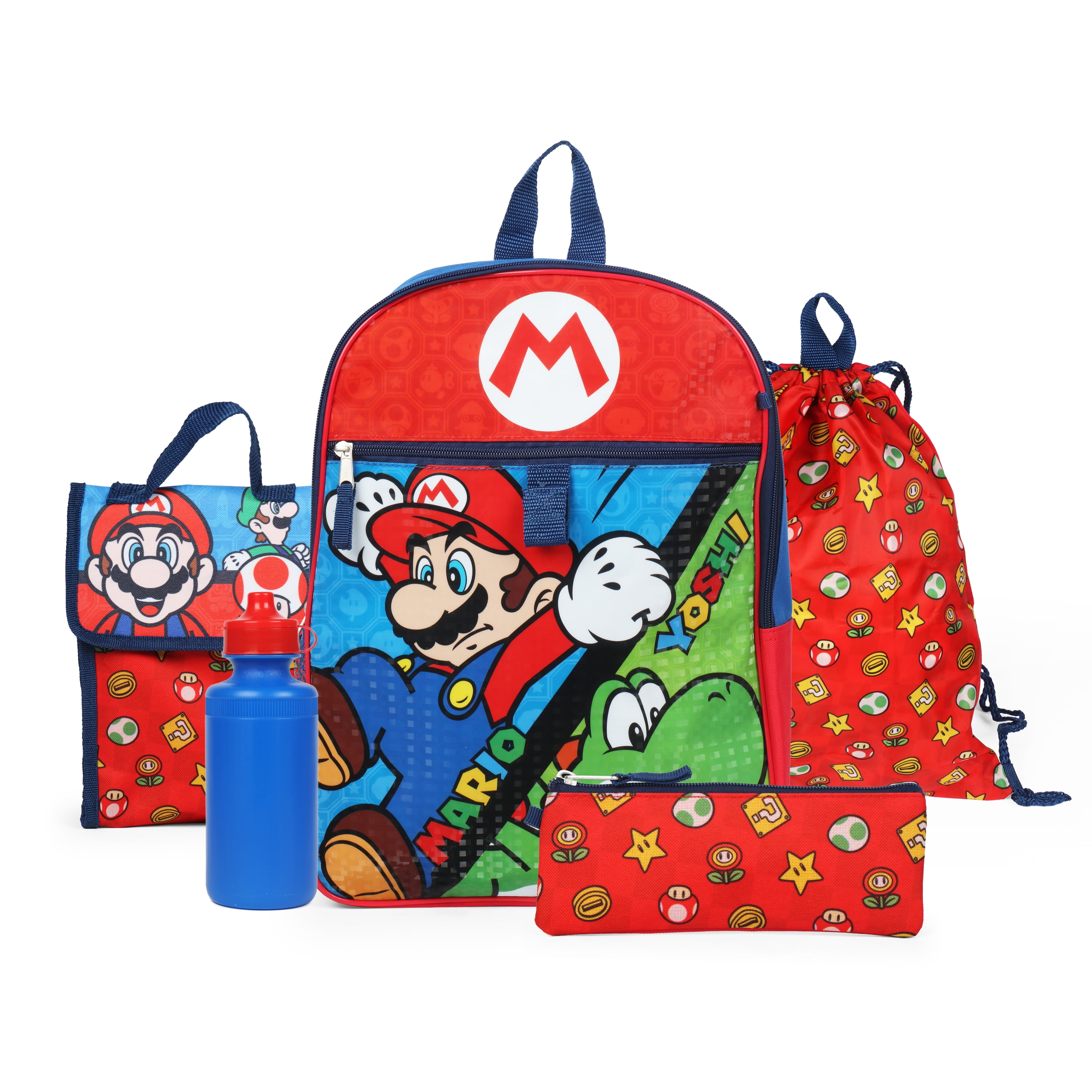 Boys Super Mario Backpack Back to School 5 Piece Essentials Set