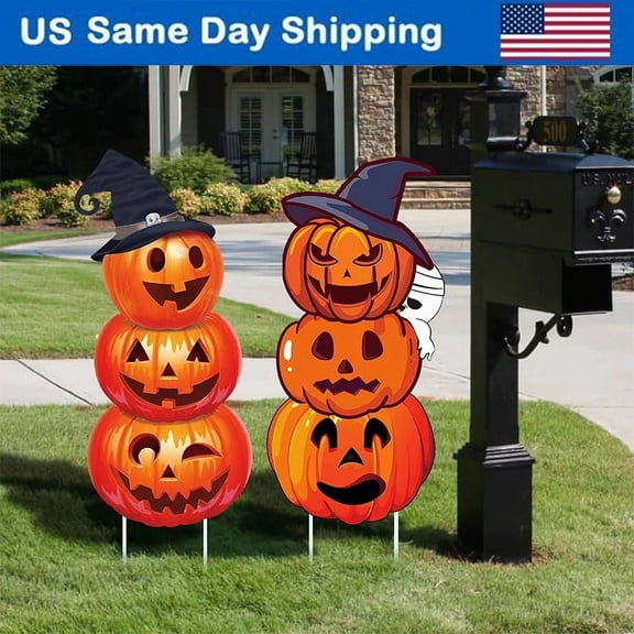 2 Sets Halloween Decorations: Outdoor Yard Stake Signs, Pumpkin & Ghost Home Decor, Trick or Treat Props, Fun Party Favor