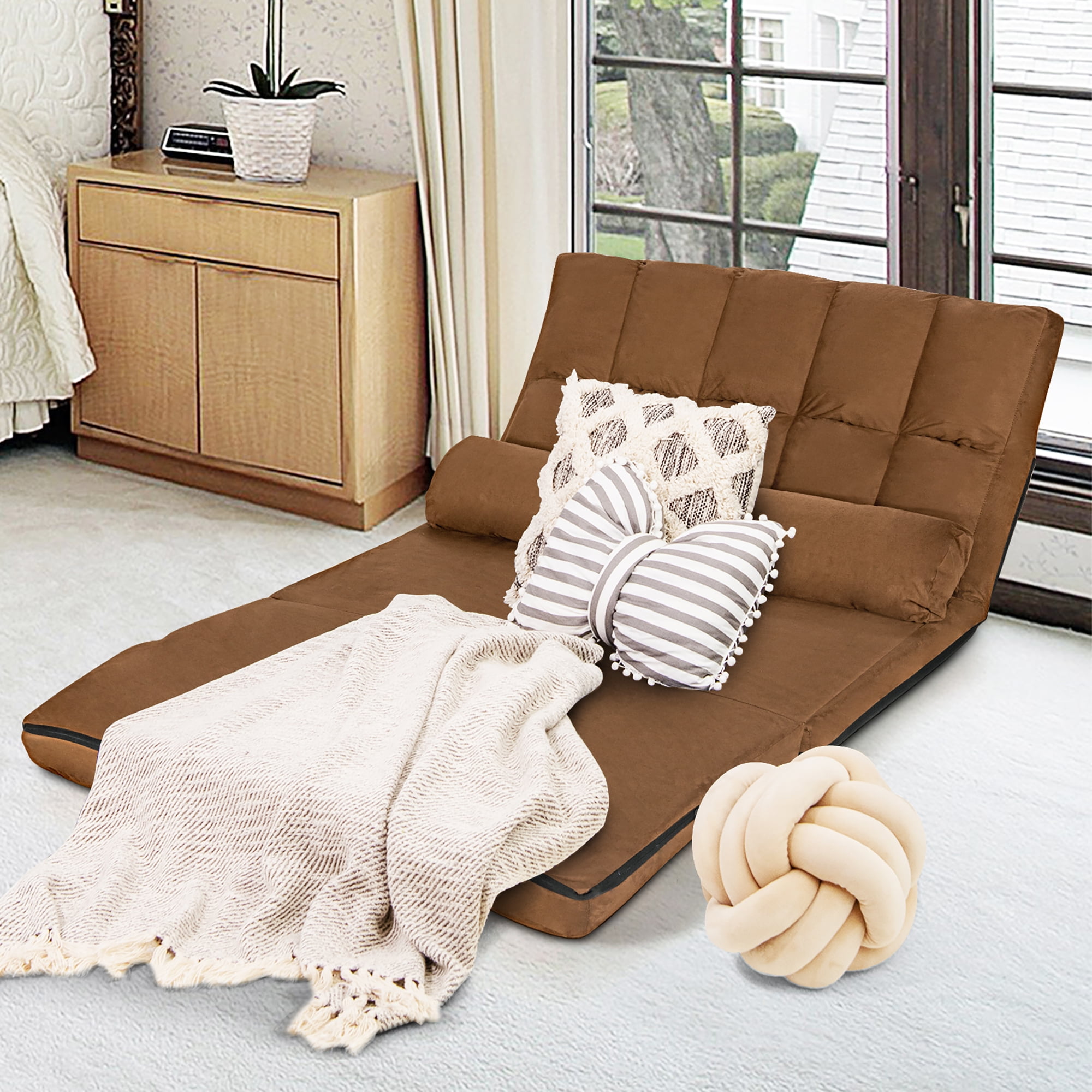 Costway Foldable Floor Sofa Bed 6-Position Adjustable Couch w/ 2 Pillows Brown