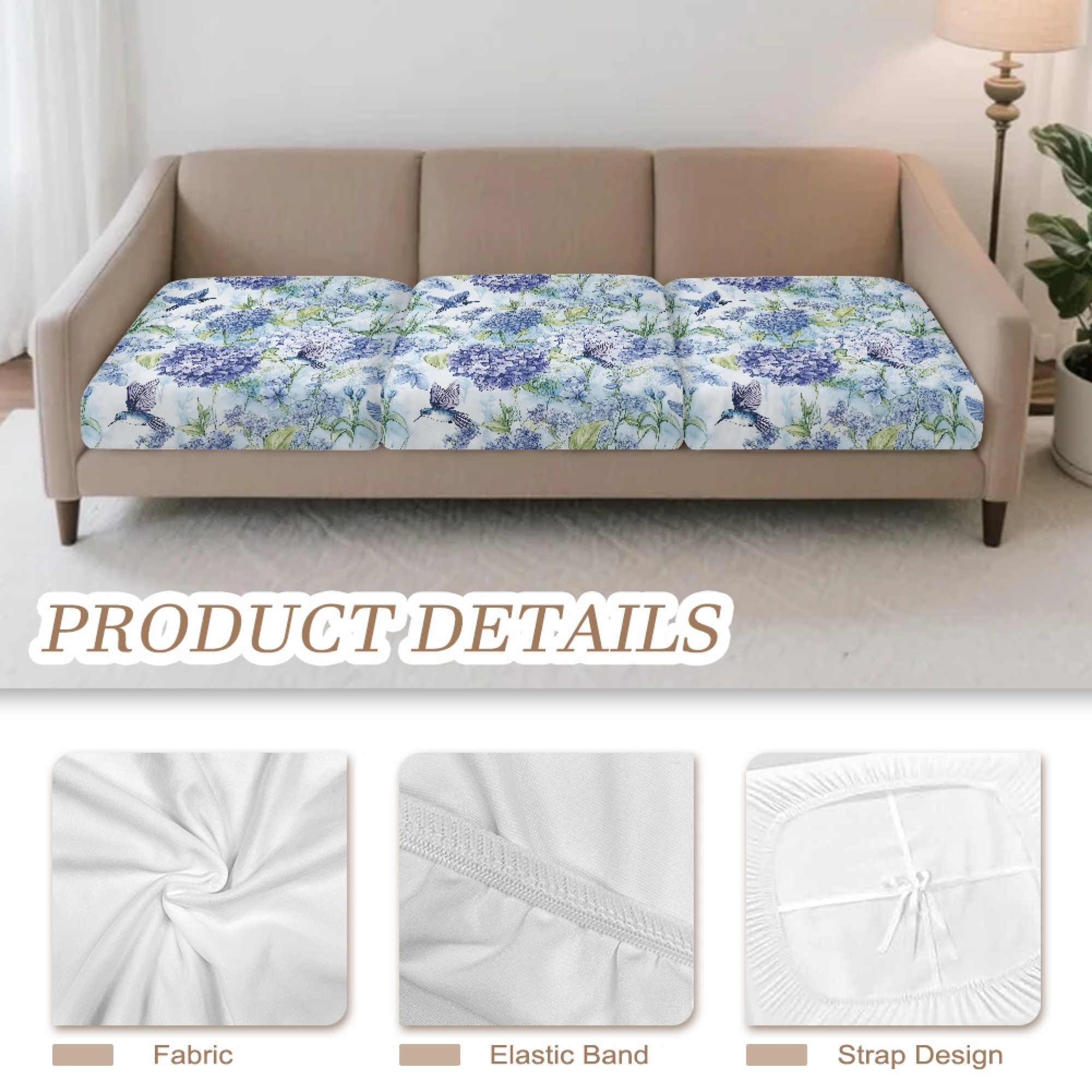 TSOVTHRID Hydrangea Floral Hummingbird Print Sofa Cushion Cover, Sofa Seat Covers Couch Cushion Sofa Slipcovers Stretch Couch Cushions Furniture Protector with Elastic Bottom