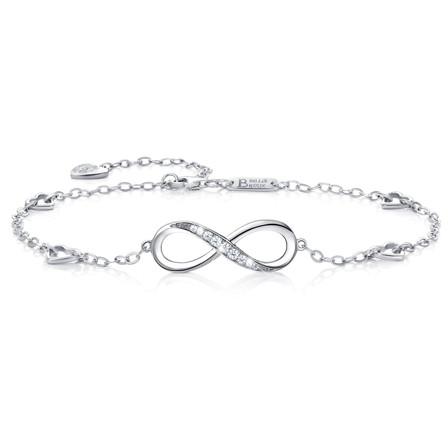925 Sterling Silver Infinity Love Charm Adjustable Double Chain Bracelet Women 