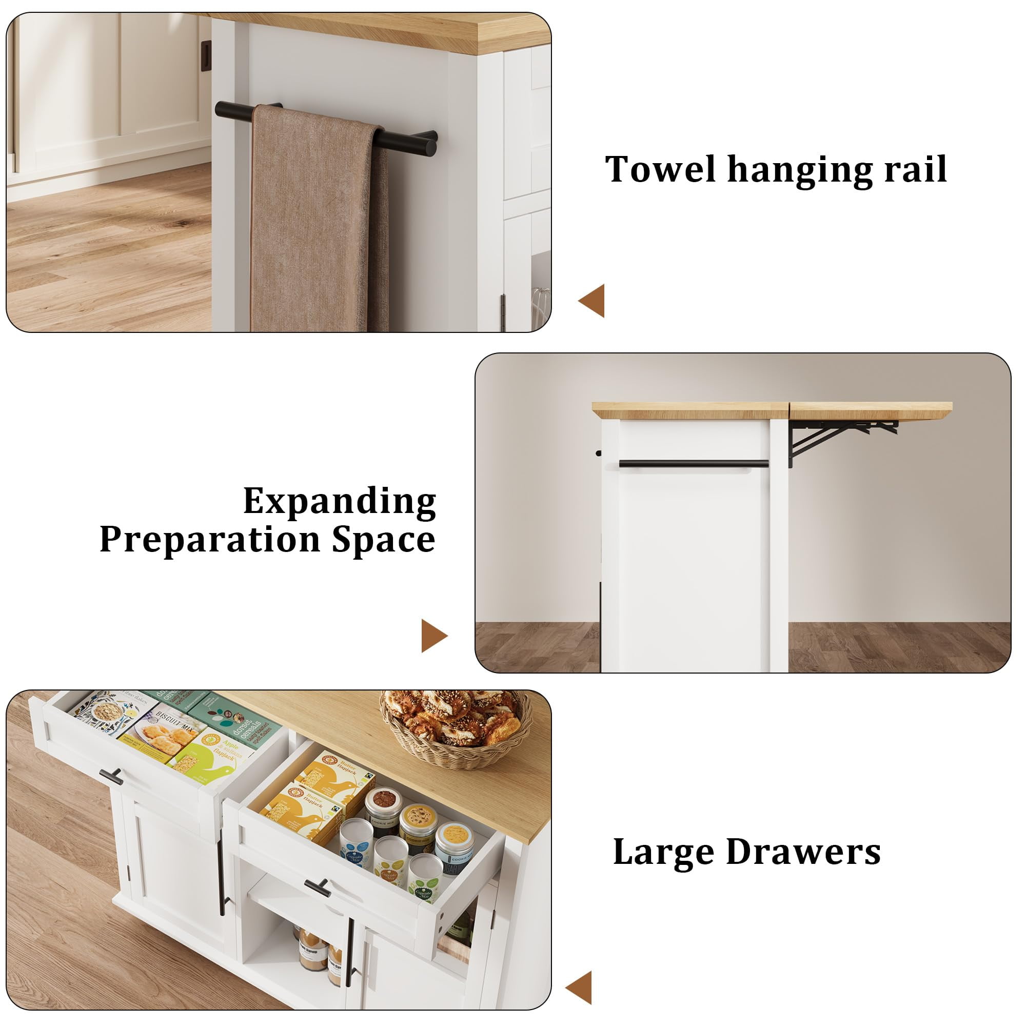 Ataucjin Foldable Kitchen Island On Wheels,Rolling Kitchen Island Cart with 2 Glass Doors,Spice Rack & Towel Holder,Kitchen Island Table with Storage Cabinet,Compact Mobile Storage Cart for Kitchen