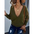 thumbnail image 4 of Suéter con cuello en V para mujer, diseño cruzado, costura de encaje, manga larga, Top de punto, suéter suelto para Otoño Invierno, 4 of 8