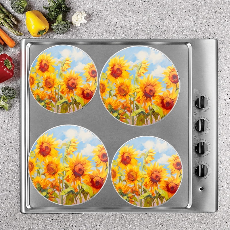 Bahomeck Electric Stove Burner Covers Set Of 4,Field Of Sunflowers Blossomed Under The Blue Sky Metal Gas Stove Burner Covers,Protecting Gas Stoves,8 Inch And 10 Inch