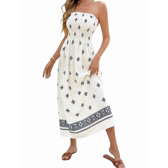 Women Strapless Tube Maxi Dress Flowy Swing Long Sundress Sleeveless Summer Boho Beach Dress White L
