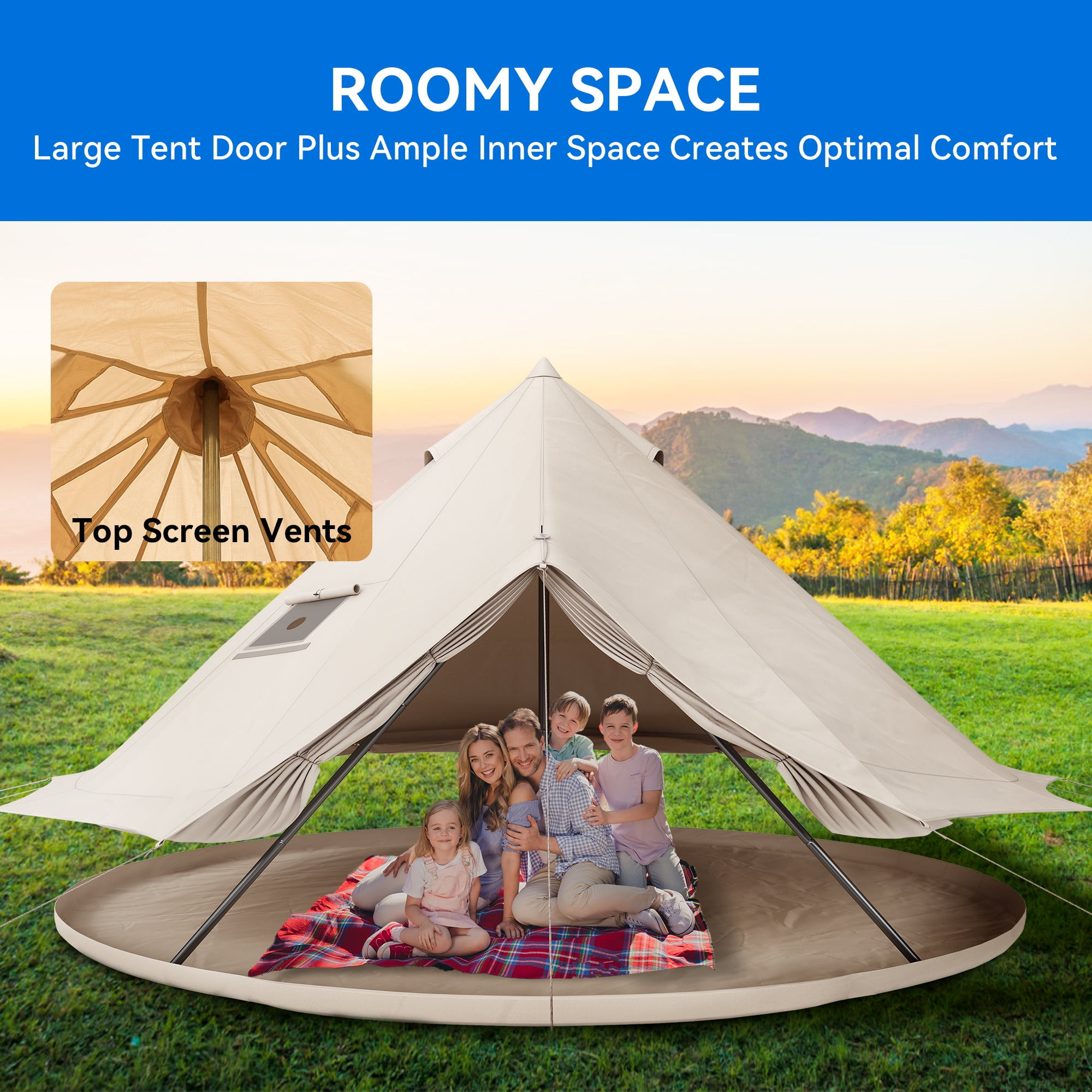 Dextrus 4 Seasons Glamping Bell Tent Waterproof with Stove Jacks & Windows for Camping, Picnic, Barbecue