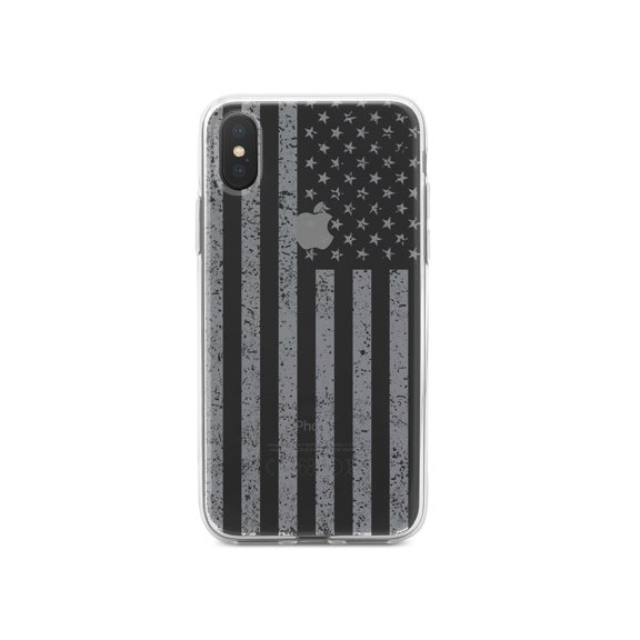 DistinctInk Clear Shockproof Hybrid Case for iPhone XR (6.1" Screen) - TPU Bumper, Acrylic Back, Tempered Glass Screen Protector - Weathered Grey US Flag