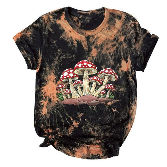 tklpehg Womens Tops Short Sleeve Leisure Mushroom Print Graphic Tee Shirt Summer Comfy Tunic Lightweight Crewneck Tops Loose Trendy Black M