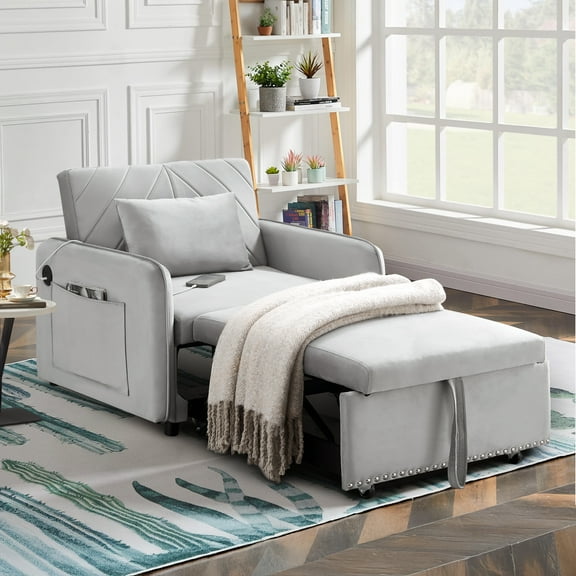 Lunale 3-in-1 Convertible Sleeper Chair Bed, Indoor Lounge Chair with USB/Type-C Charging Ports, Modern Recliner Sofa for Living Room, Gray Velvet