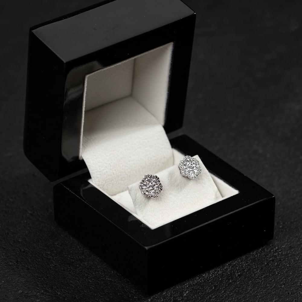 Round White Gold Plated 925 Sterling Silver 0.76Ct Earring Natural VVS D Color Moissanite Small Flower Cluster Circle Screw Back Stud Earrings For Men And Women