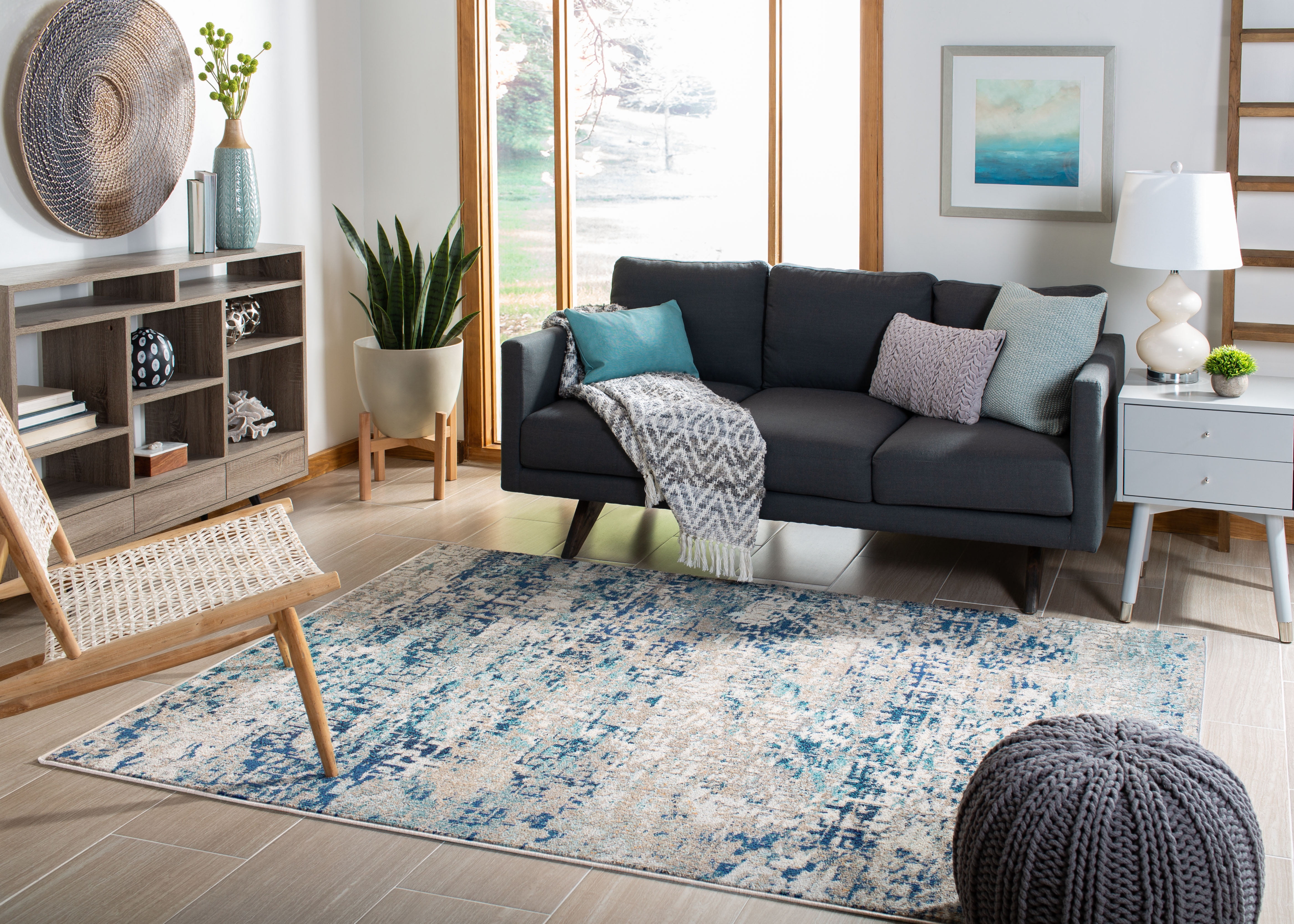 SAFAVIEH Madison Kebo Abstract Area Rug, Grey/Blue, 9' x 12' - Large - Modern Design, Grey & Blue, Ideal for Living Room, Bedroom, Dining Space
