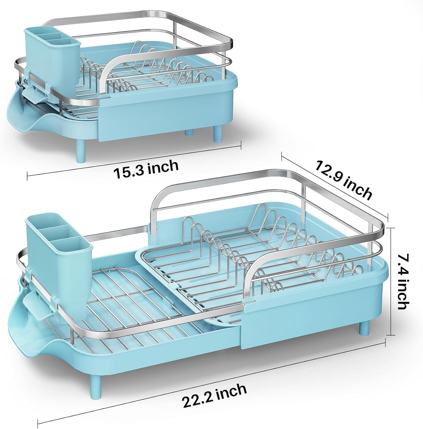 Dish Drying Rack - Expandable Dish Rack for Kitchen Counter, Rust-Resistant Dish Drainer with Utensil Holder and Raised Guardrail, Kitchen Organizer for Cup and Bottle (Blue)