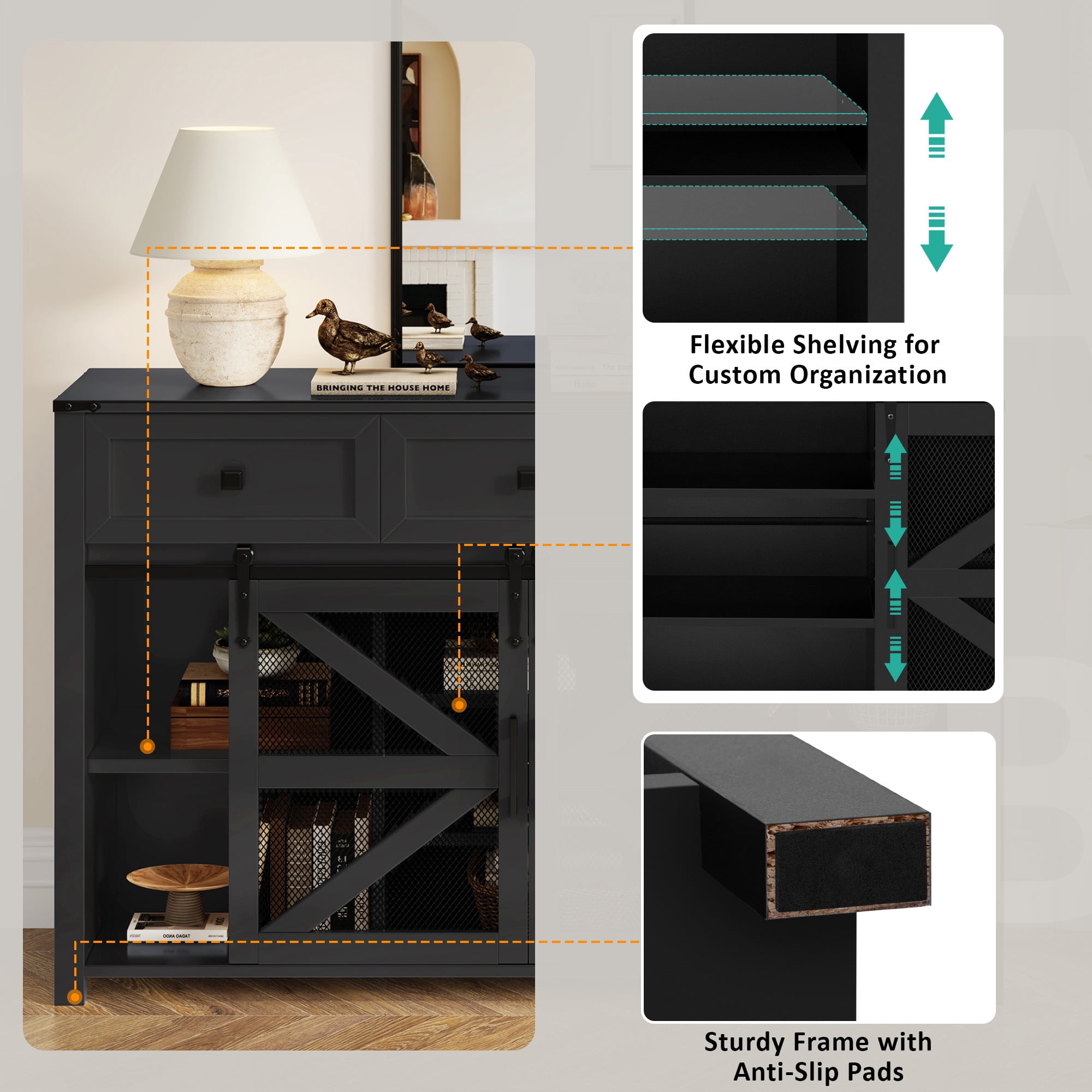 Leumius 55In Sliding Barn Door Sideboard Buffet Cabinet with 3 Drawers, Adjustable Shelves, Metal Mesh & Particleboard Doors, Aluminum Handles, Industrial Storage for Living or Dining Room Black