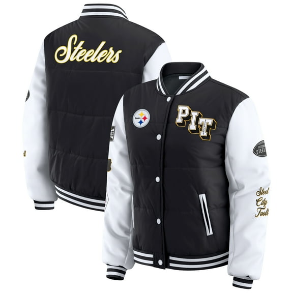 Women's WEAR by Erin Andrews Black Pittsburgh Steelers Varsity Full-Snap Puffer Jacket