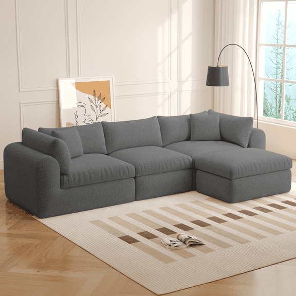 WENTUM 113'' Modular Sectional Sofa Couches Boneless Convertible L-Shape Cloud Velvet Couch with Ottoman for Living Room, Bedroom, No Assembly-Grey