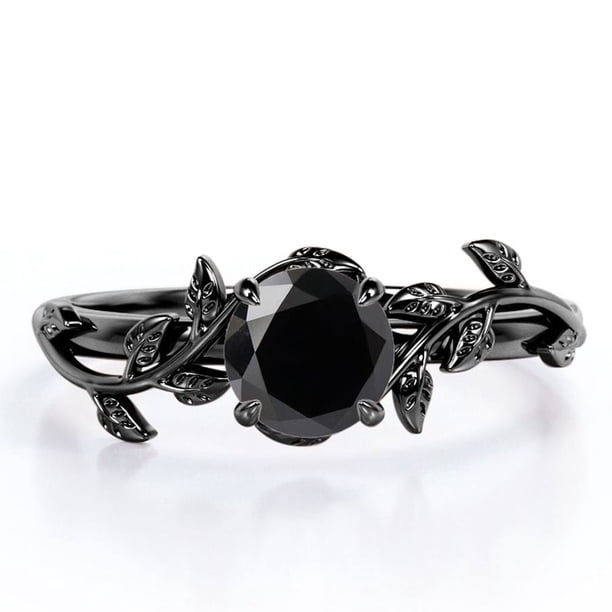 JeenMata Anillo de Compromiso con Diamante Negro de 0,50 Quilates Creado en Laboratorio Corte Redondo, Forma de Hoja y Enredadera, Baño de Oro Negro de 18 K sobre Plata