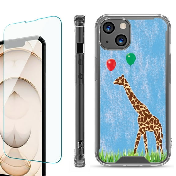 Shockproof Bumper Phone Case for iPhone 13, with Tempered Glass Screen Protector, by OneToughShield ® - Giraffe/Balloon