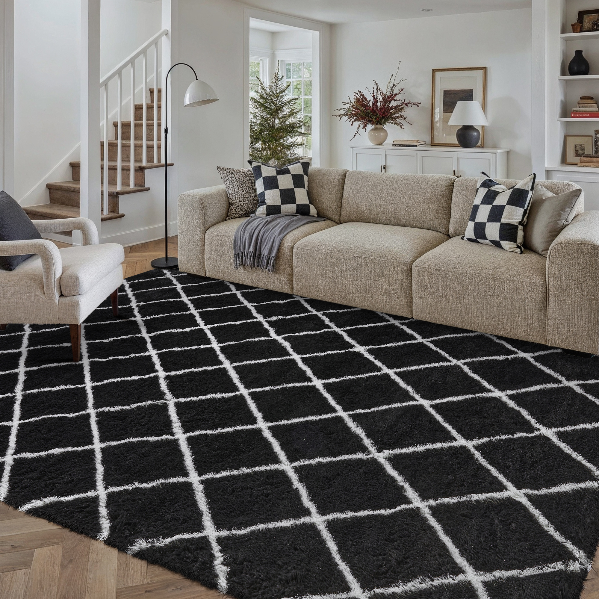 WIPONKEN 4x6 Checkered Shag Rug for Living Room Bedroom Dining Room Office Farmhouse, Washable Noneslip Area Rug Soft Indoor Fluffy Rugs, Black