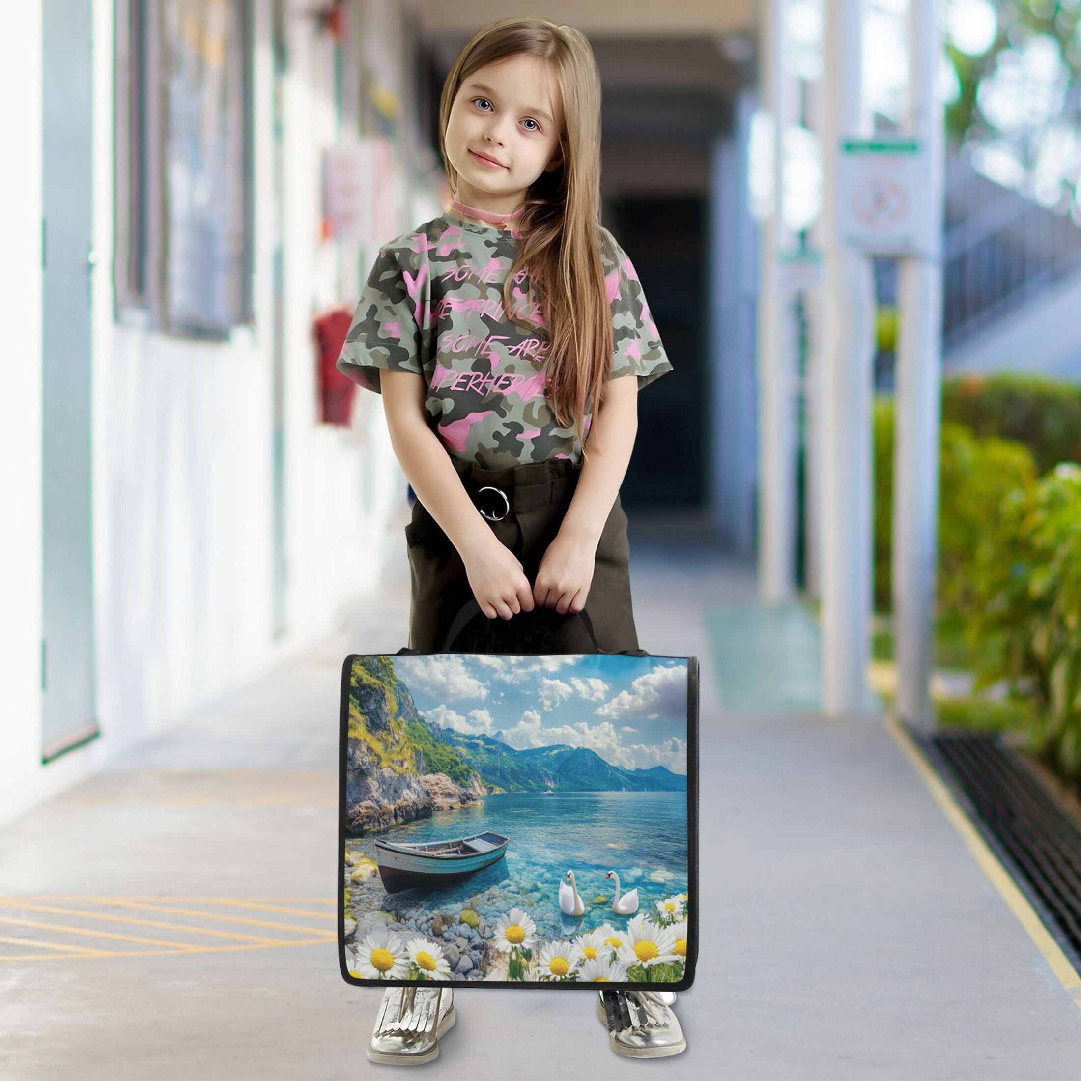 YAZAOO Zipper Binder trapper keeper Documents Organized Design Boat Swans Daisies and Mountains Printed