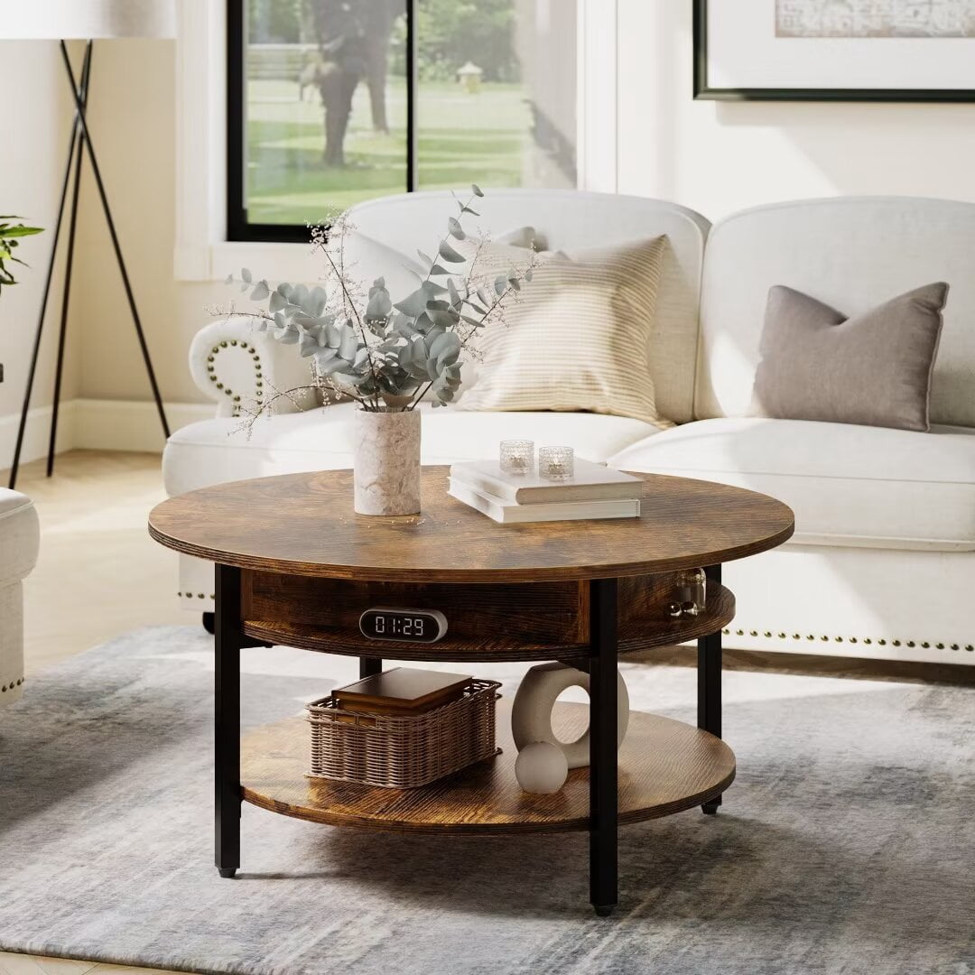 GUNAITO Round Lift Top Small Coffee Table with Storage Modern Farmhouse Center Table with Shelf 2 Tier Circle Table for Living Room Rustic Brown