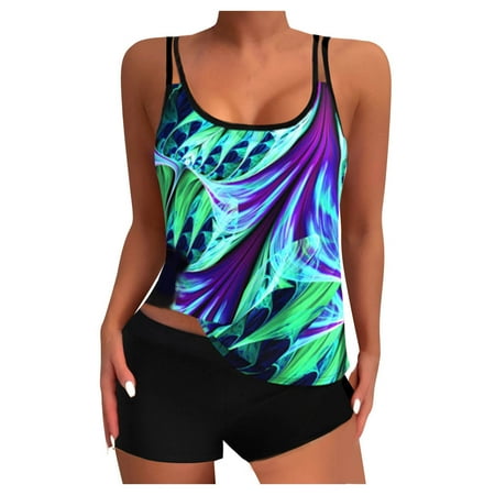 Feimerou Two Piece Tankini Swimsuits for Women Modest Blouson Tummy Control Printed Bathing Suit with Boyshorts Athletic Swimwear Sale