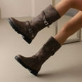 thumbnail image 4 of Womens Platform Mid Calf Combat Boots Vintage Casual Buckle Round Toe Chunky Low Heel Wide Calf Riding Tall Boots, 4 of 7