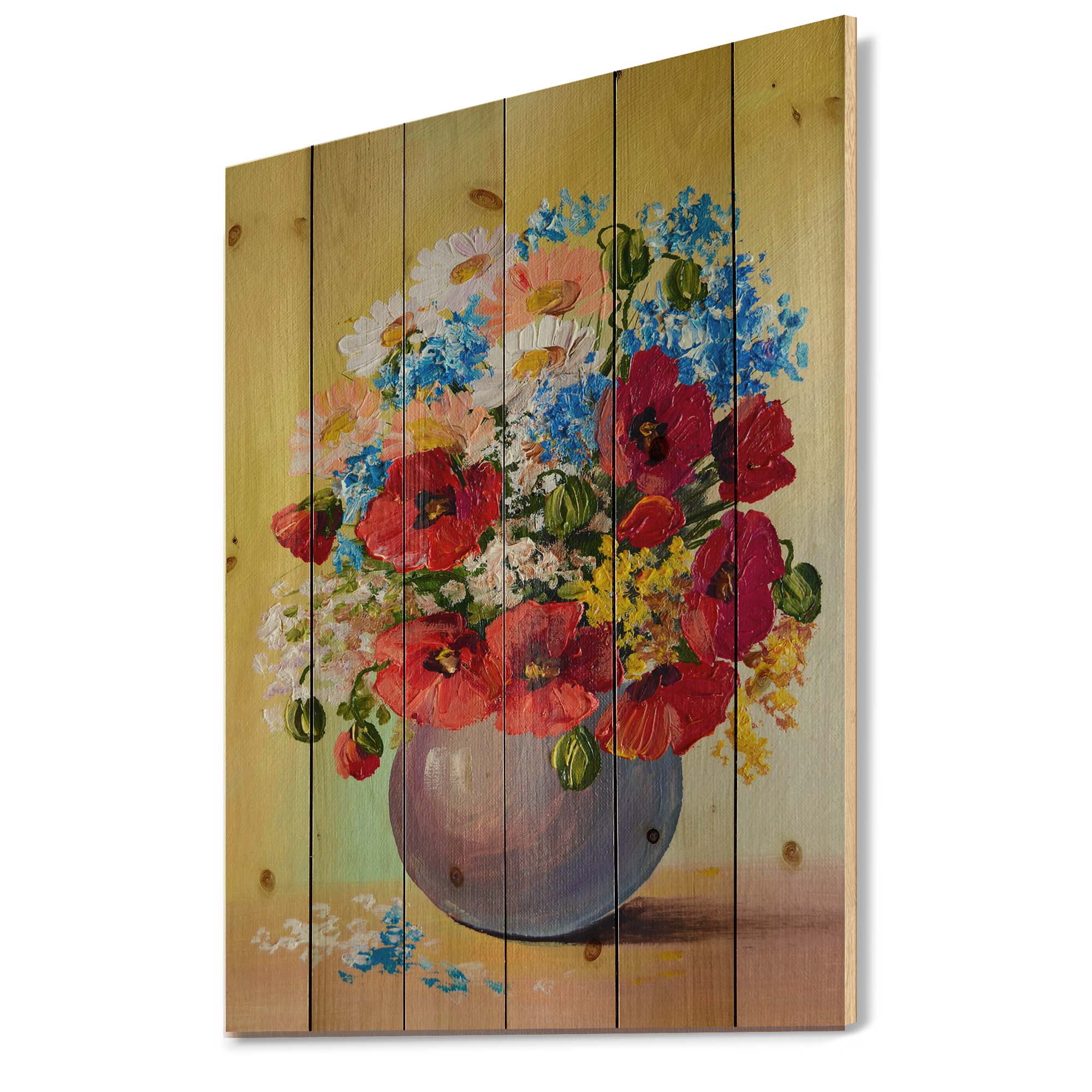 Designart 'Still Life A Bouquet Of Blue and Red Flowers' Traditional Print on Natural Pine Wood