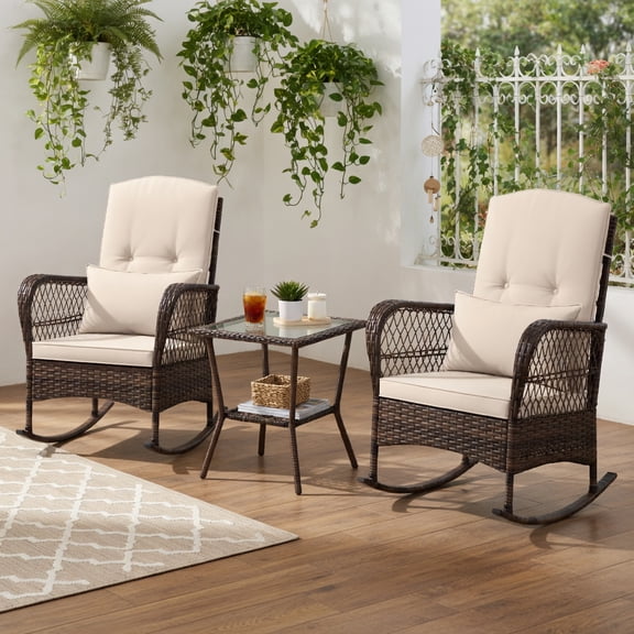 Topcobe 3 Pieces Rocking Bistro Set with 2-Tier Coffee Table, Outdoor Patio Furniture for Garden Backyard Pool Deck-Brown