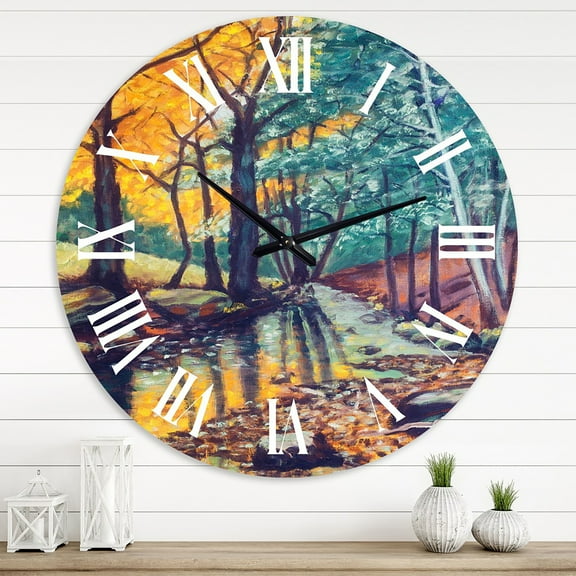 Designart 'Landscape With River In Autumn Forest Sunset' Traditional Wall Clock