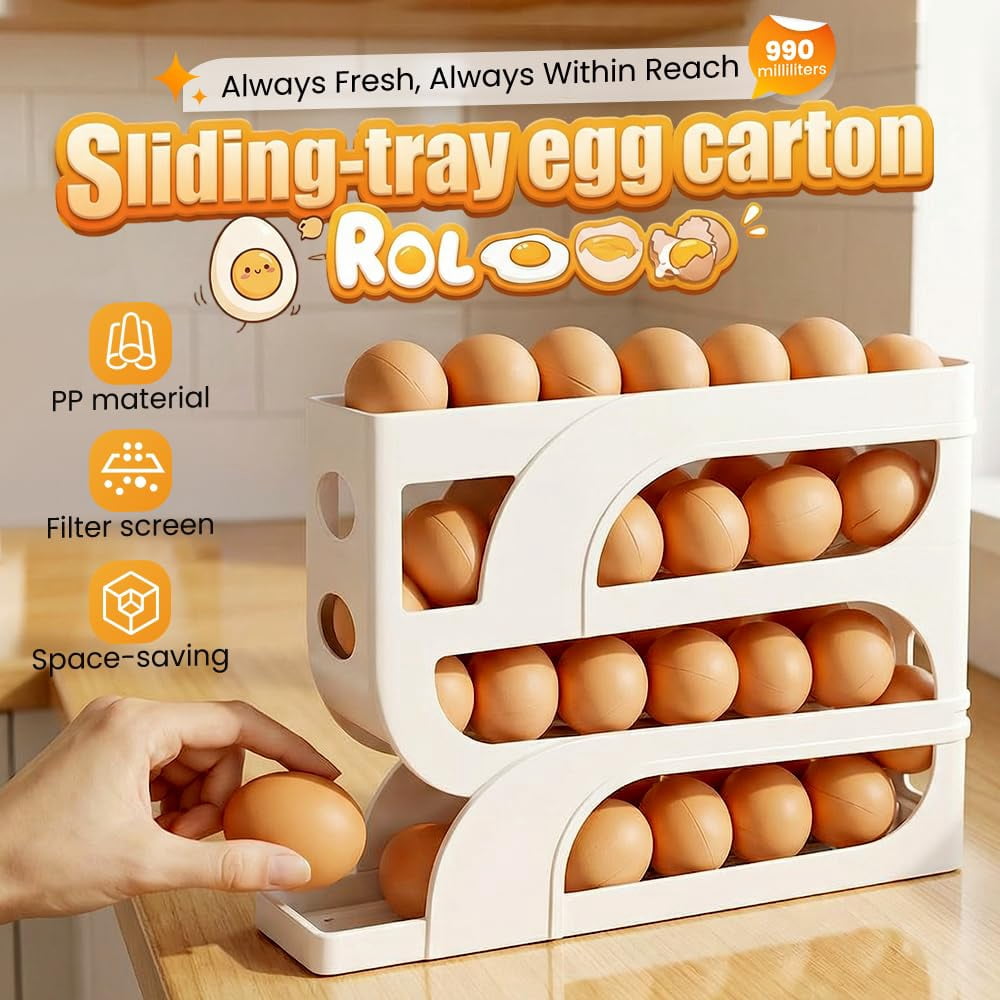Auto Rolling Egg Holder for Fridge, 4-Tier Egg Dispenser Organizer Holds 28 Eggs, No Assembly Space-Saving Egg Storage Rack for Refrigerator & Countertop