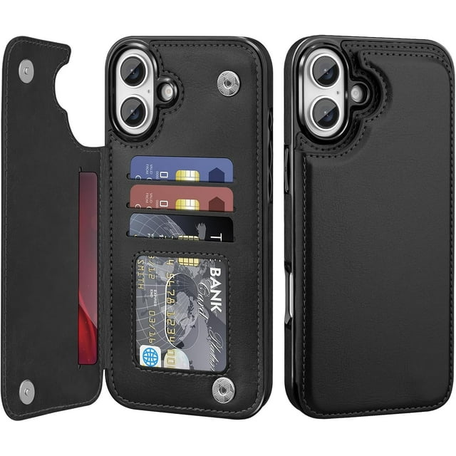 KOMI for iPhone 16 Plus Wallt Case with Card Holder,Premium PU Leather Kickstand Card Slots Drop Protective Shockproof Rugged Cover Flip Case for Apple iPhone 16 Plus 6.7 inch, Black