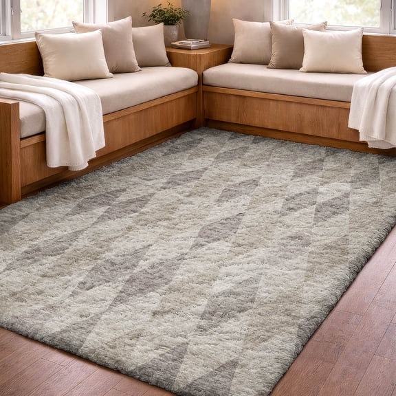 Addison Rugs Dream Shag Premium Machine Washable Transitional Geometric Beige Rectangle Rug, 10' x 14'