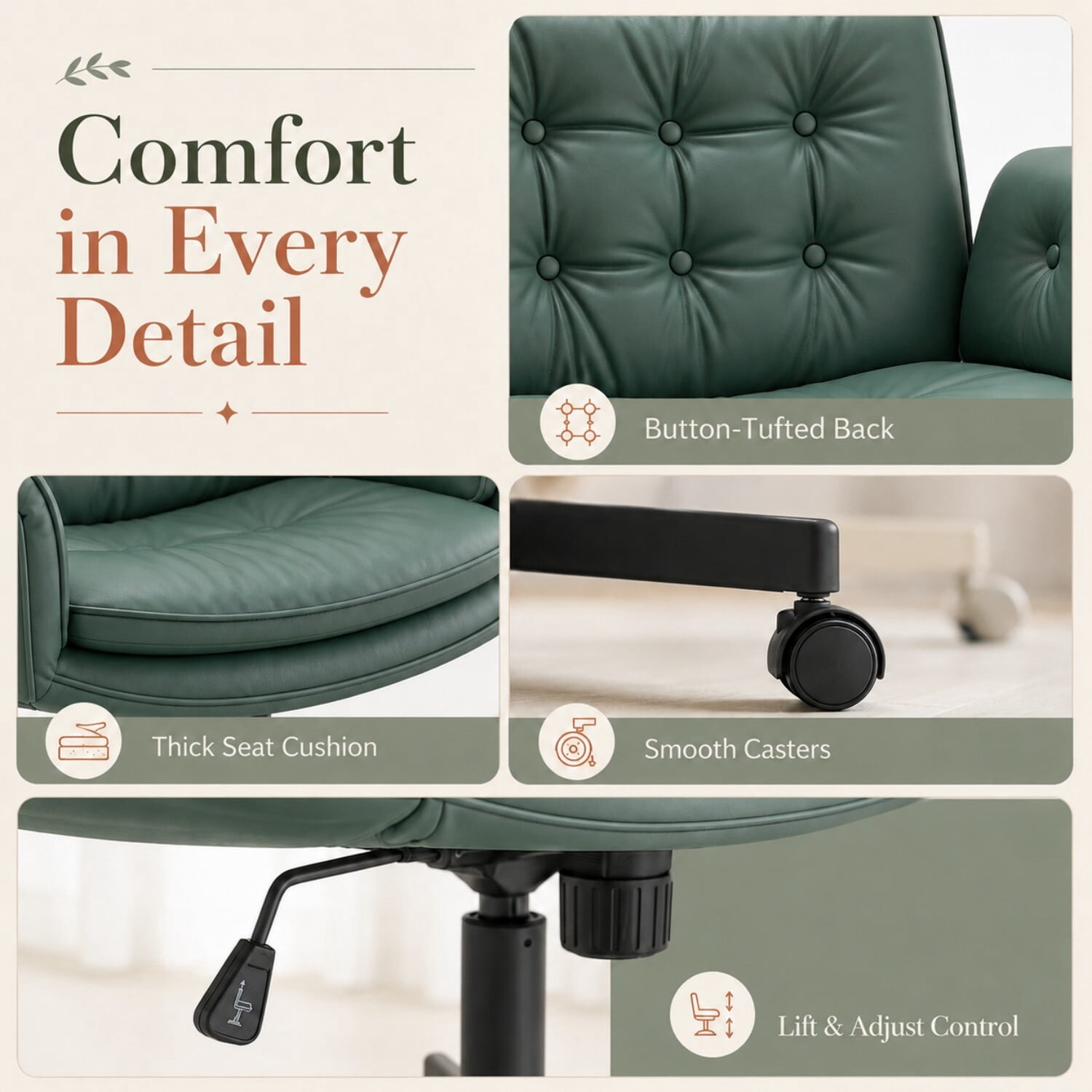Easy4Home Criss Cross Office Chair with Wheels and Adjustable Armrests, Wide Seat PU Leather Swivel Computer Desk Chair, Dark Green