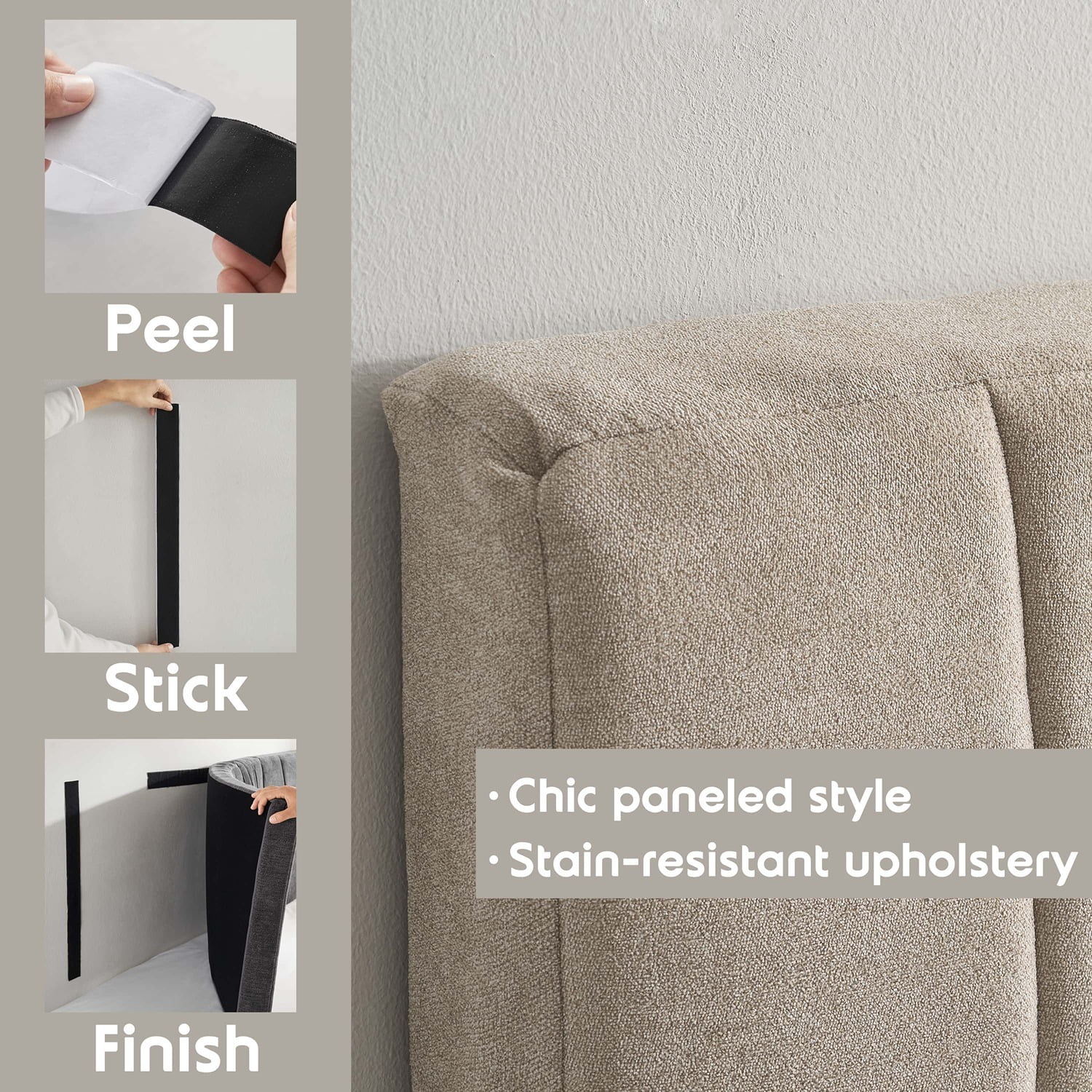 Virtu Upholstered Queen Headboard No Tools Required Peel and Stick Bed Headboard Only, Beige