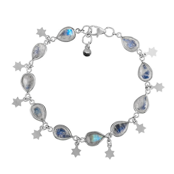 QNAVIC Natural Blue Sheen Moonstone Cabochon Bezel Charm Bracelet For Women, Healing Chakra Crystal, October Birthstone, Rhodium Plated 925 Sterling Silver Handmade Dainty Bracelet, Gifts for Her