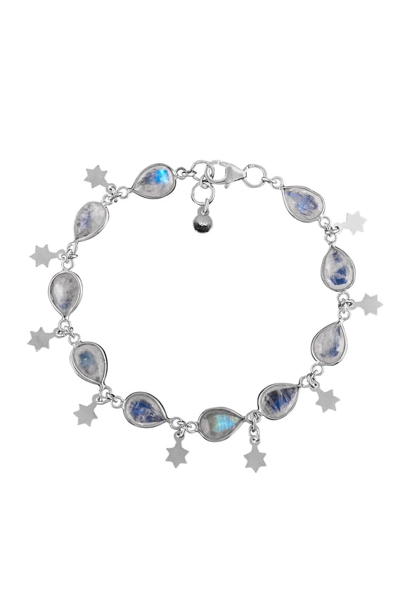 Natural Blue Sheen Moonstone Cabochon Bezel Charm Bracelet For Women, Healing Chakra Crystal, October Birthstone, Rhodium Plated 925 Sterling Silver Handmade Dainty Bracelet, Gifts for Her